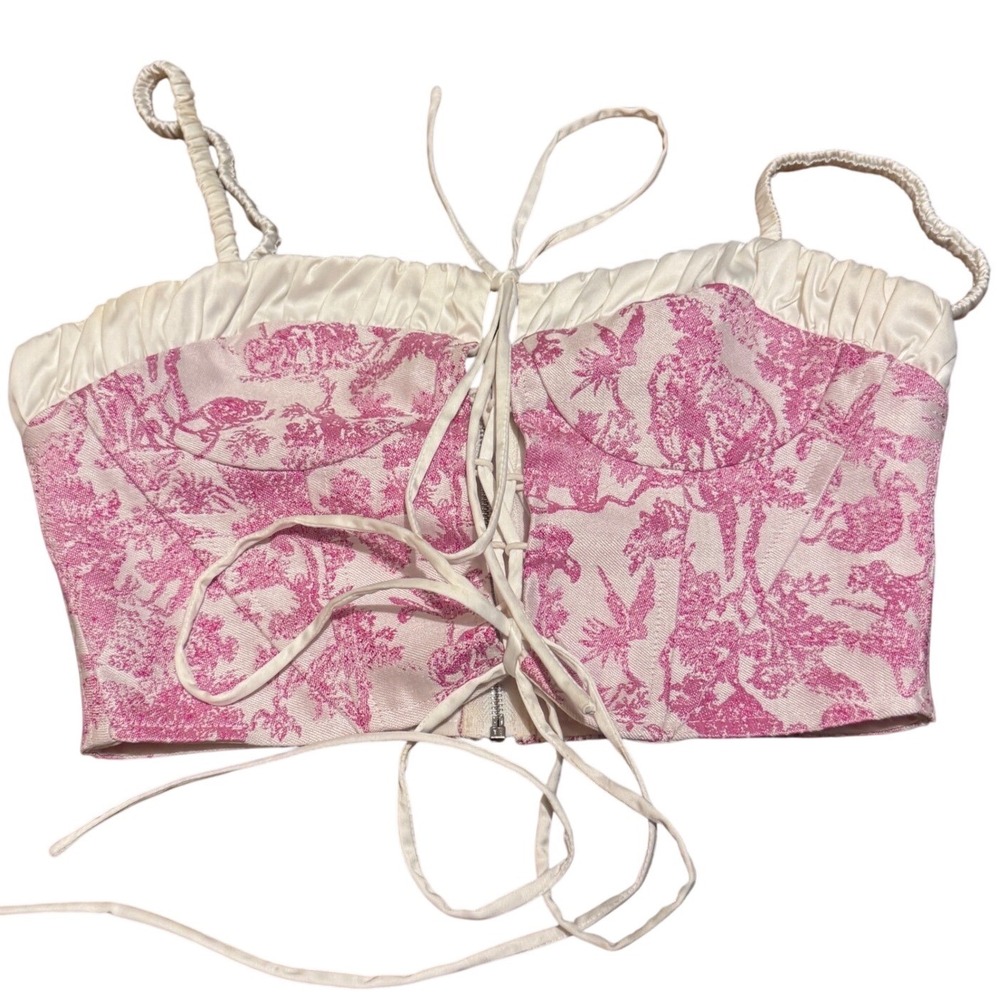 Coquette Corset Top Pink & White Satin Trim Lace Up Small Fairy Core Romantic